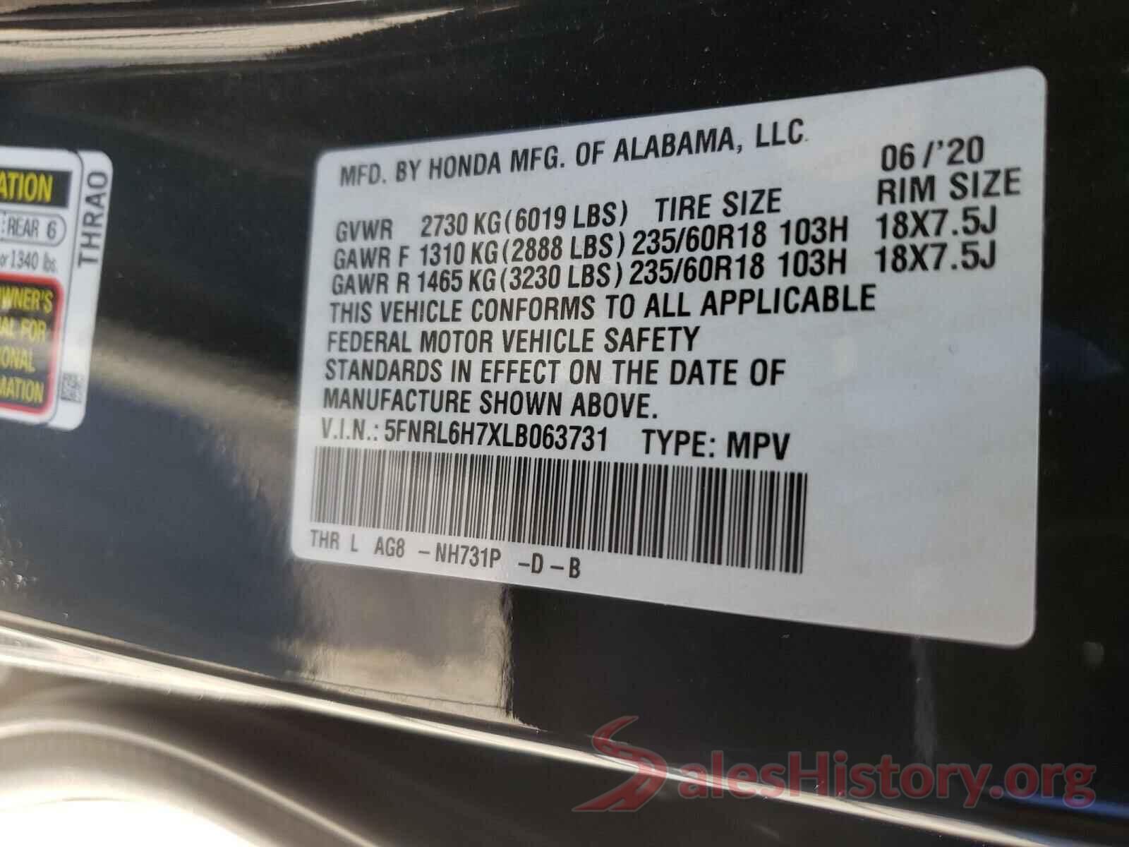 5FNRL6H7XLB063731 2020 HONDA ODYSSEY