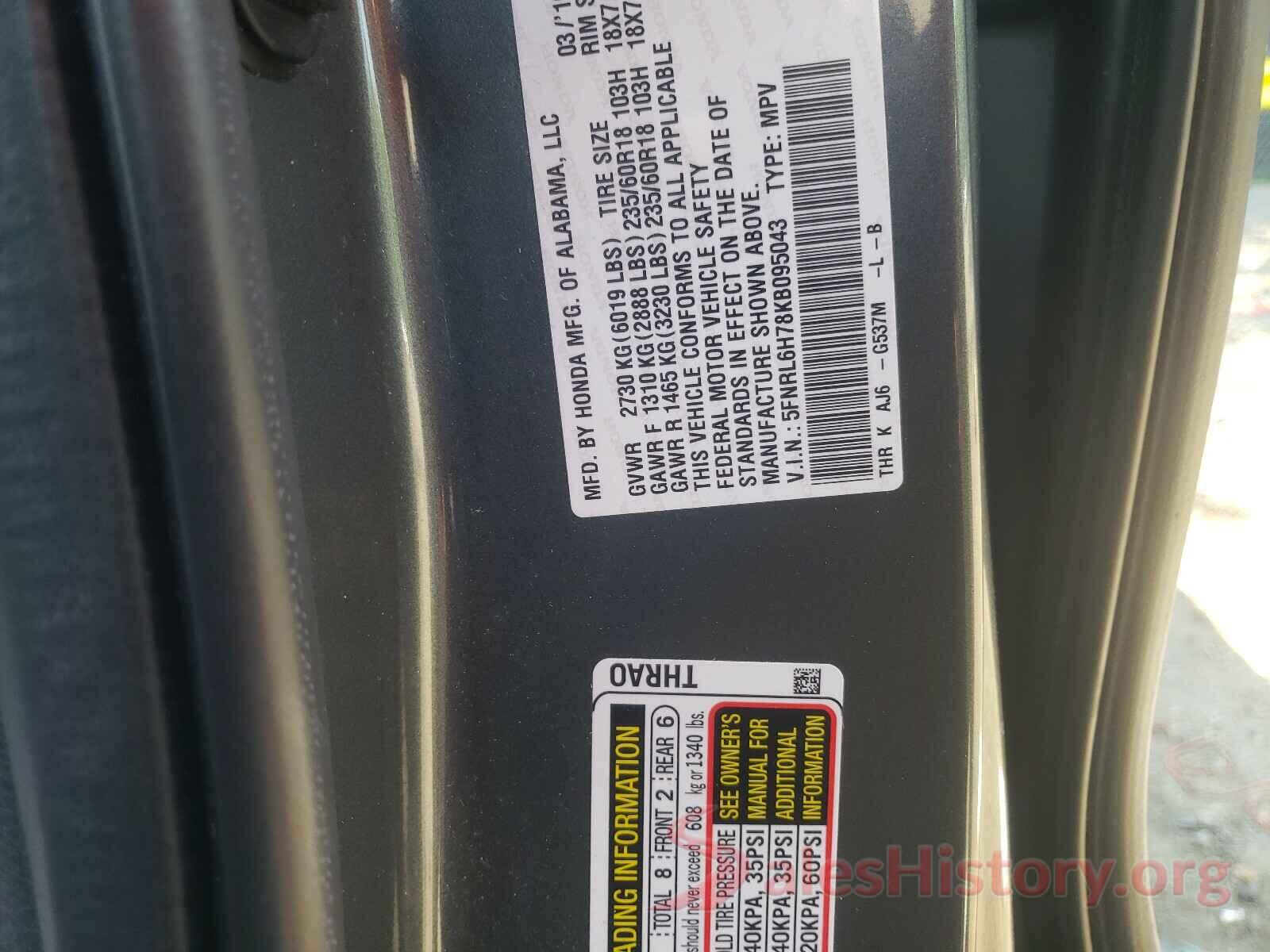 5FNRL6H78KB095043 2019 HONDA ODYSSEY