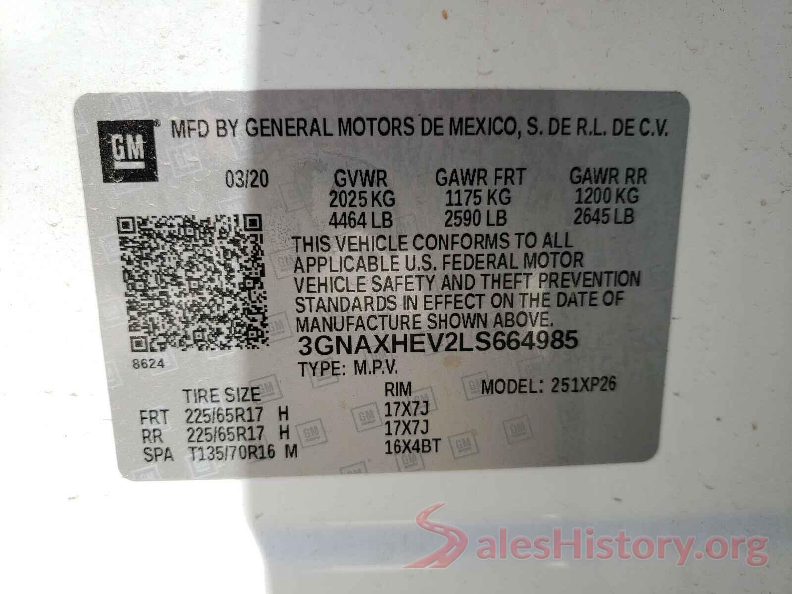 3GNAXHEV2LS664985 2020 CHEVROLET EQUINOX