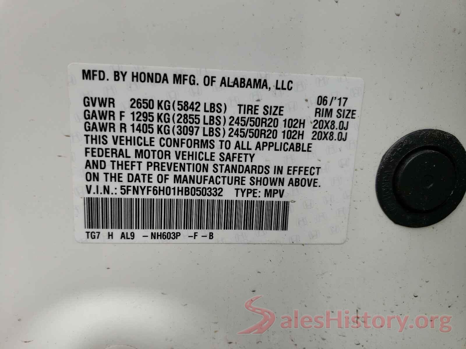 5FNYF6H01HB050332 2017 HONDA PILOT