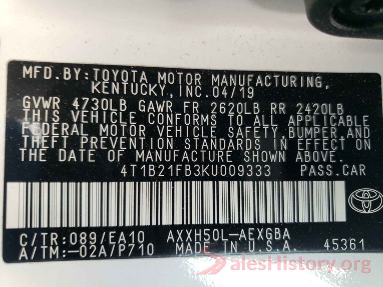 4T1B21FB3KU009333 2019 TOYOTA AVALON