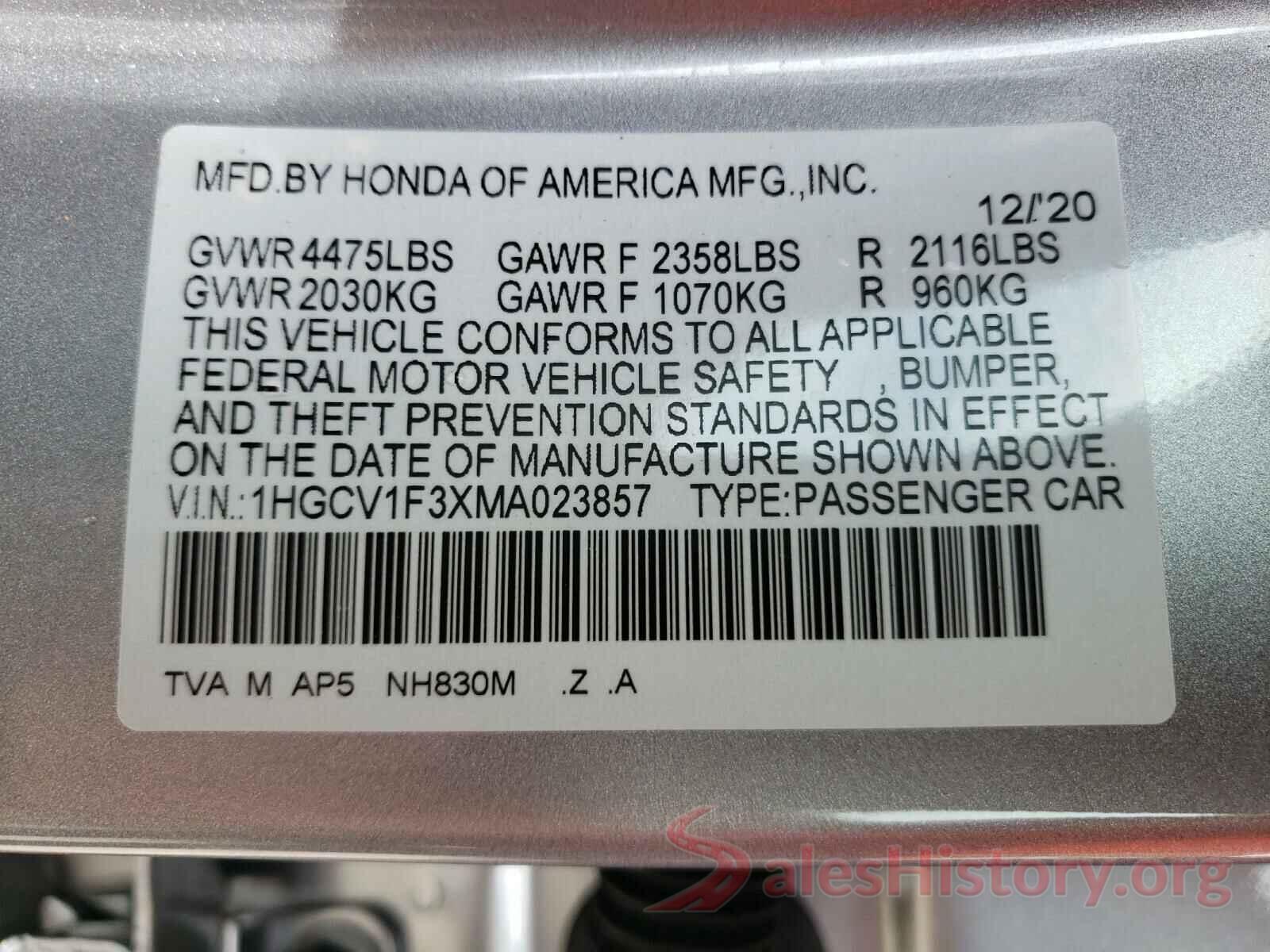 1HGCV1F3XMA023857 2021 HONDA ACCORD