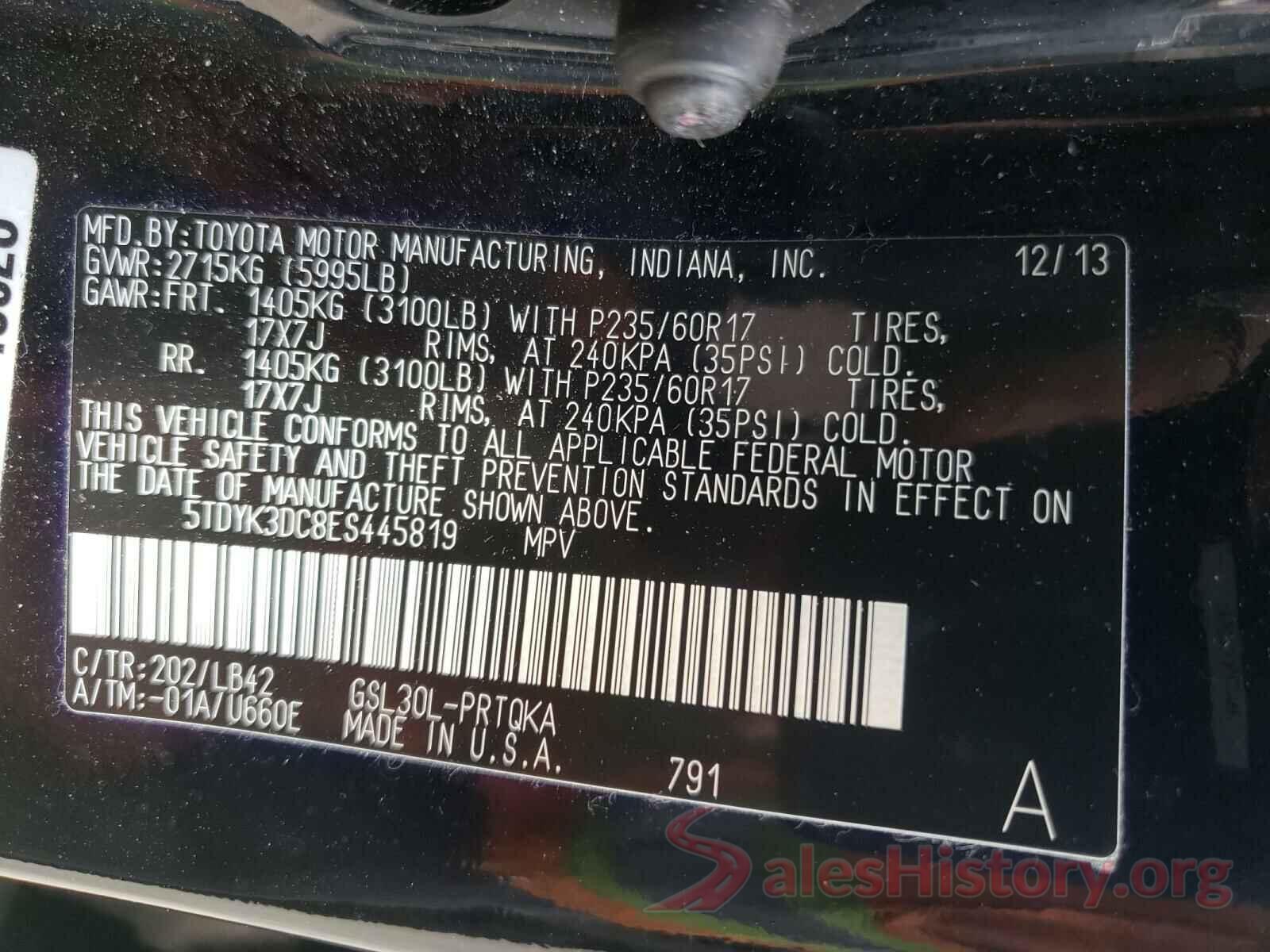 5TDYK3DC8ES445819 2014 TOYOTA SIENNA