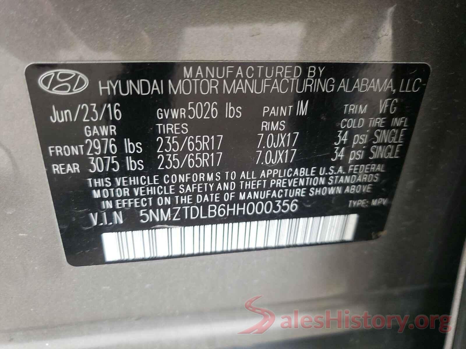 5NMZTDLB6HH000356 2017 HYUNDAI SANTA FE