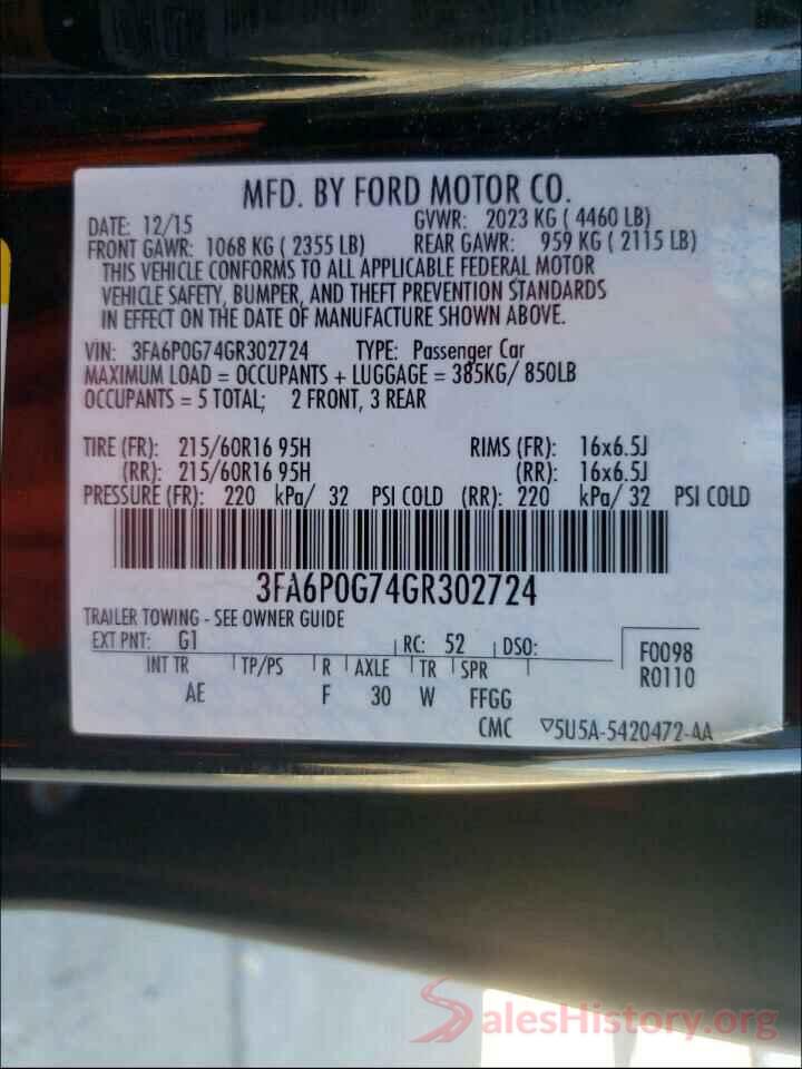 3FA6P0G74GR302724 2016 FORD FUSION