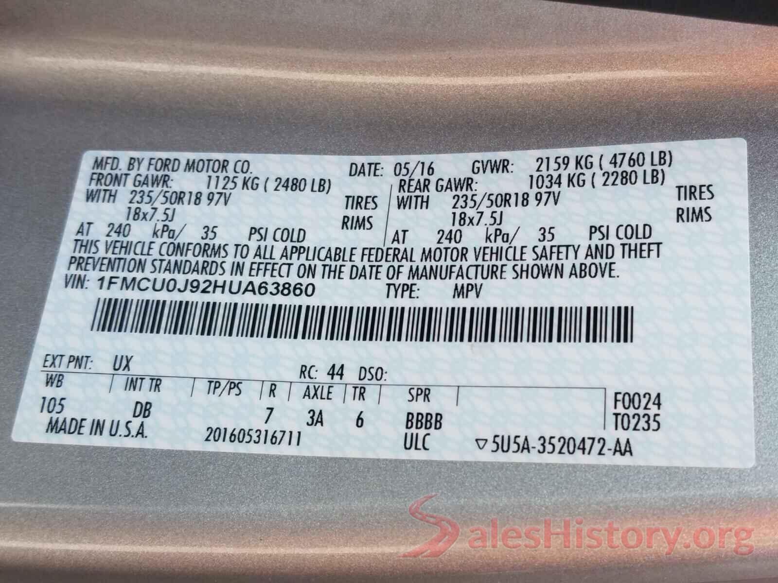 1FMCU0J92HUA63860 2017 FORD ESCAPE