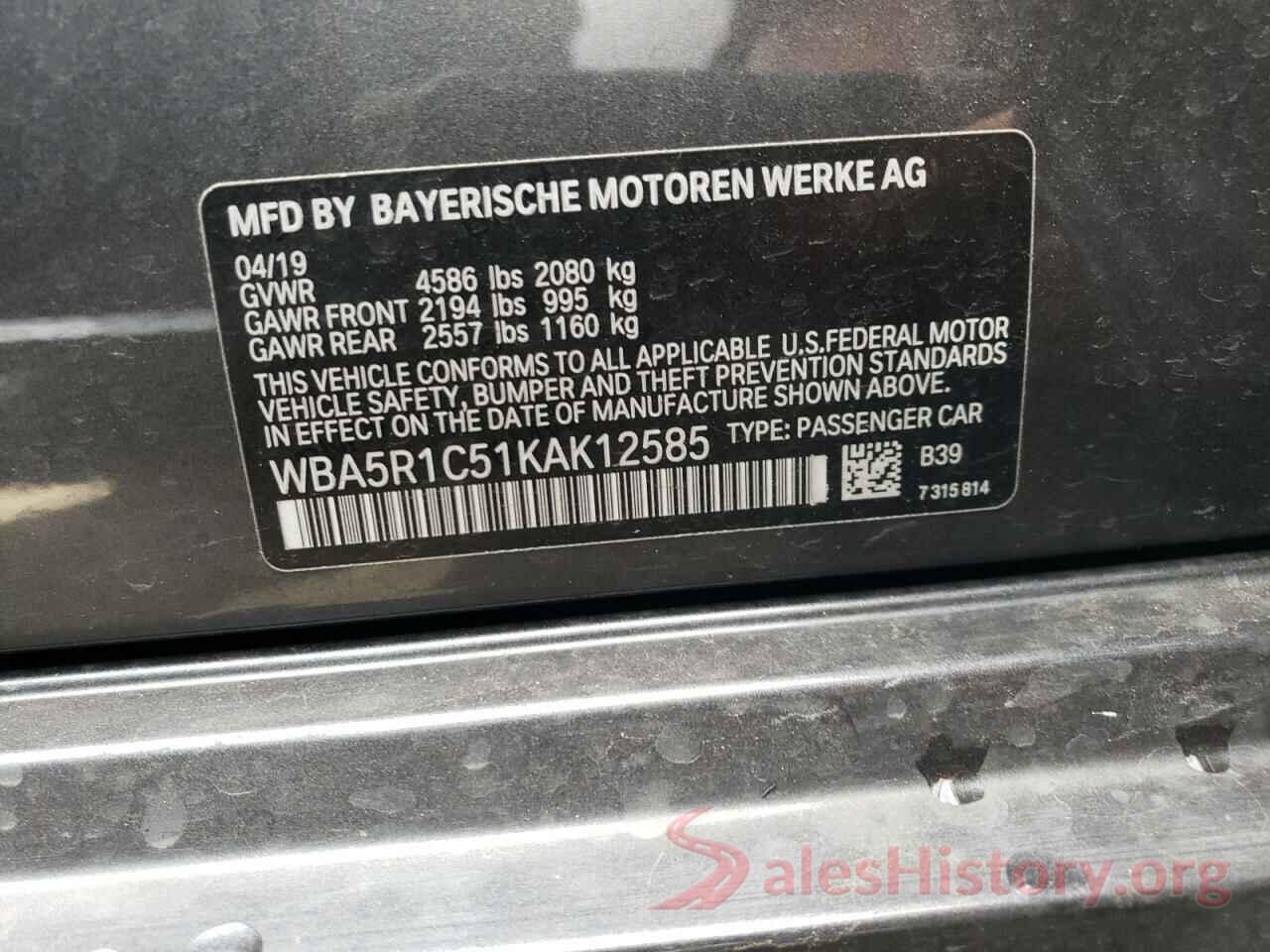 WBA5R1C51KAK12585 2019 BMW 3 SERIES