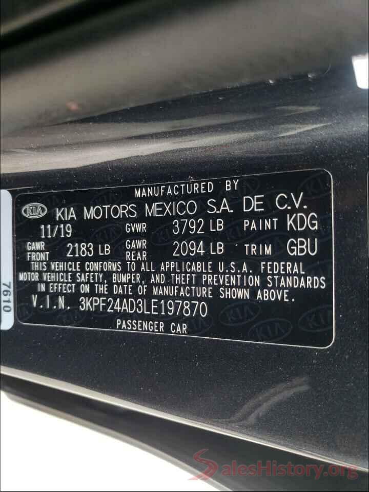 3KPF24AD3LE197870 2020 KIA FORTE