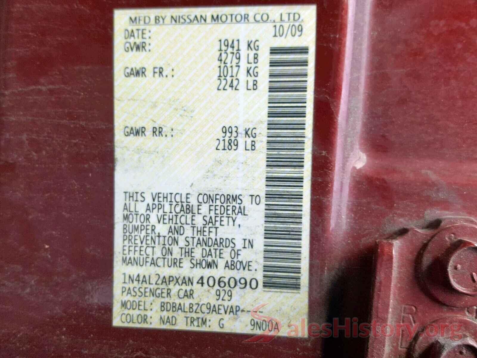 1N4AL2APXAN406090 2010 NISSAN ALTIMA