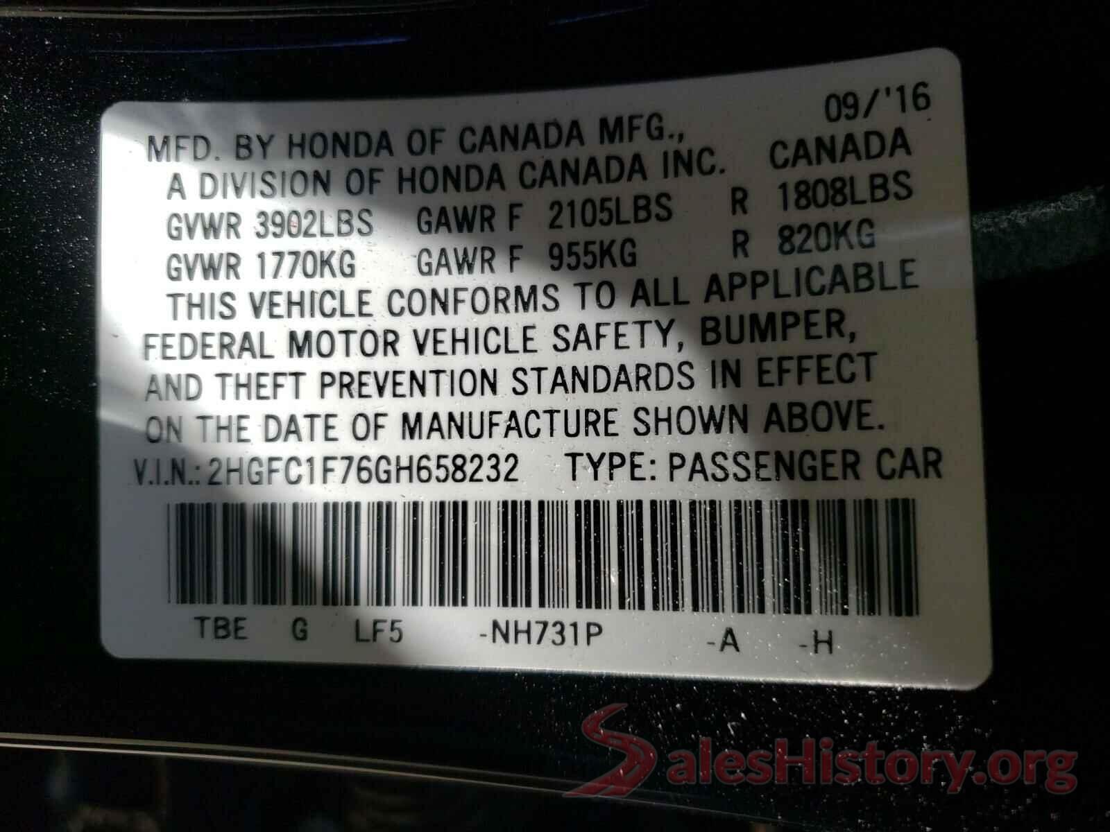 2HGFC1F76GH658232 2016 HONDA CIVIC