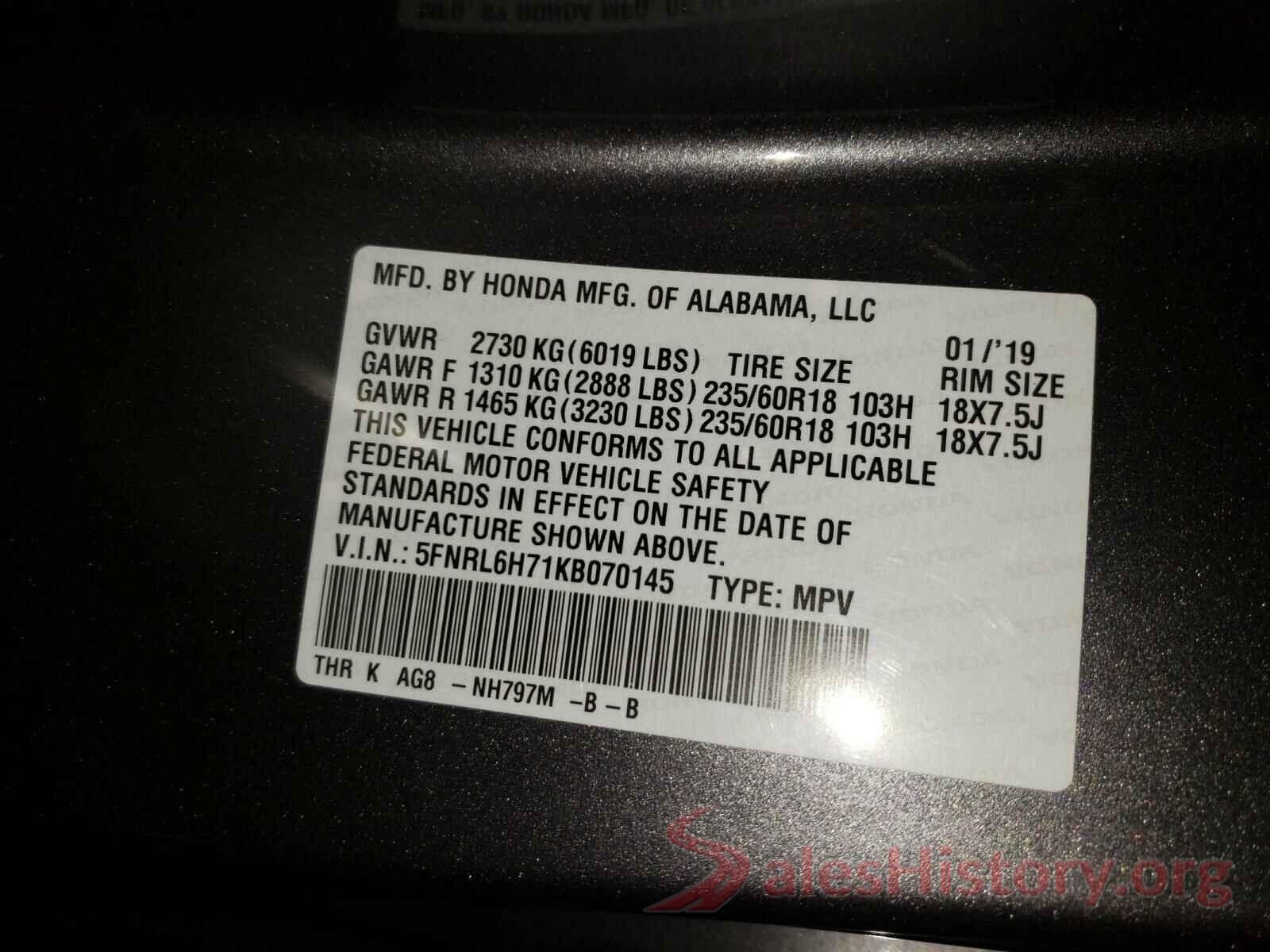 5FNRL6H71KB070145 2019 HONDA ODYSSEY