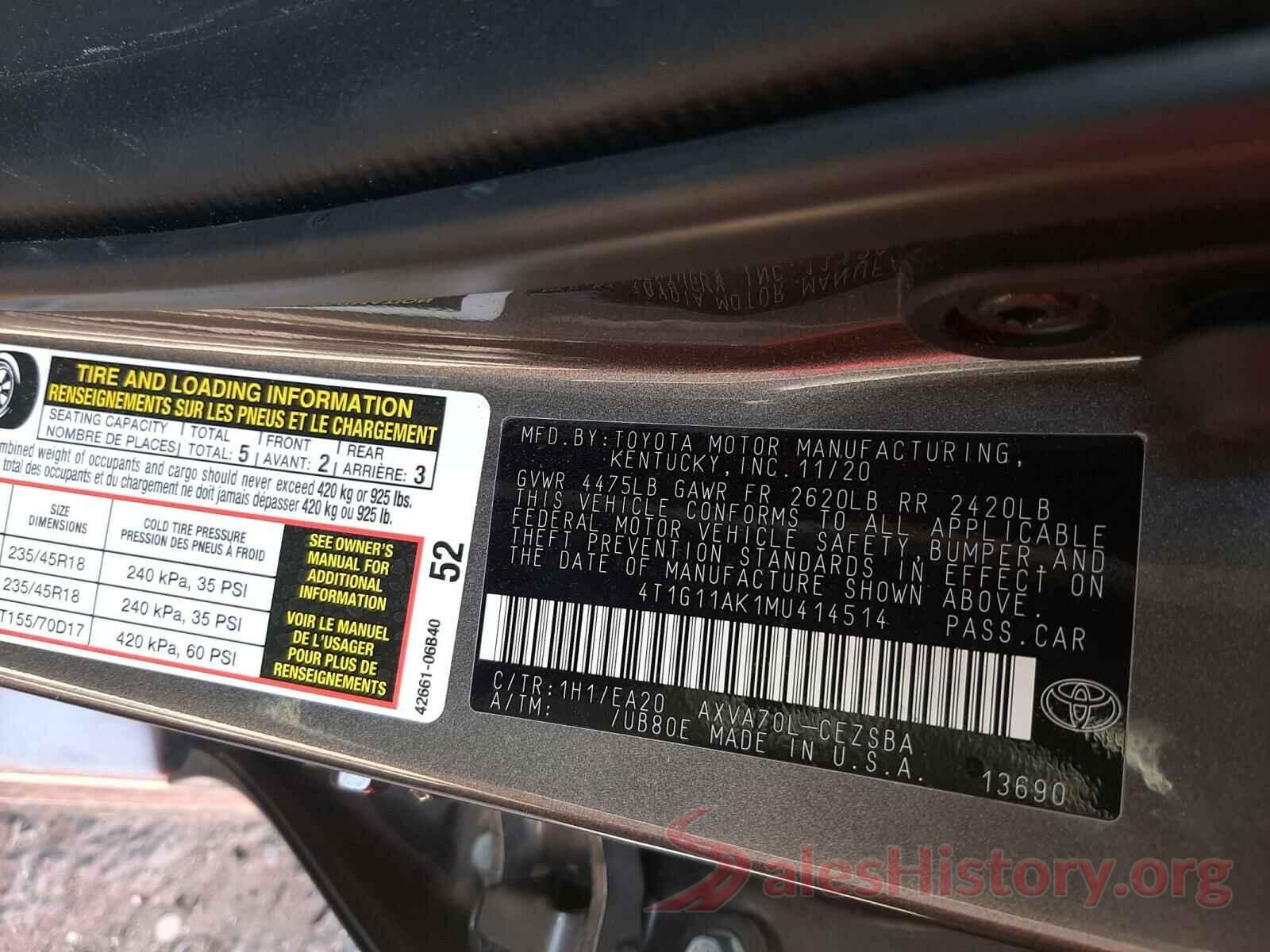 4T1G11AK1MU414514 2021 TOYOTA CAMRY