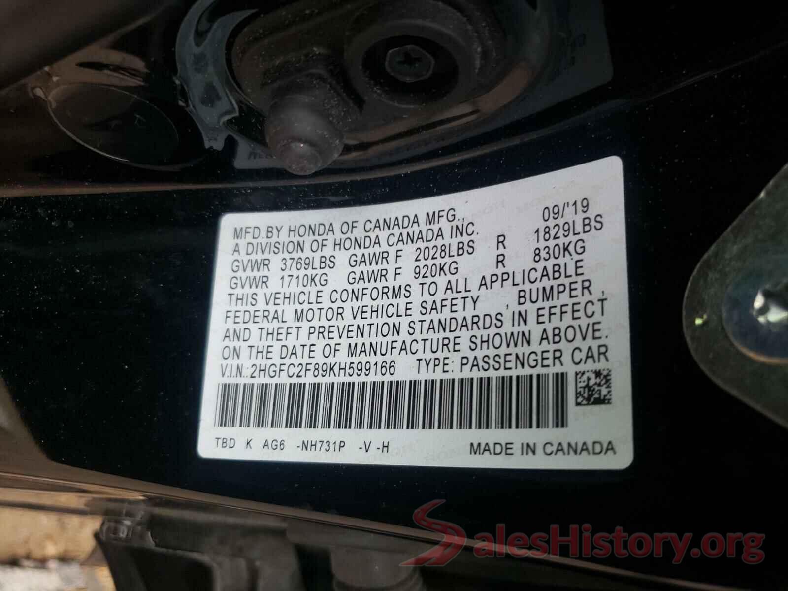 2HGFC2F89KH599166 2019 HONDA CIVIC