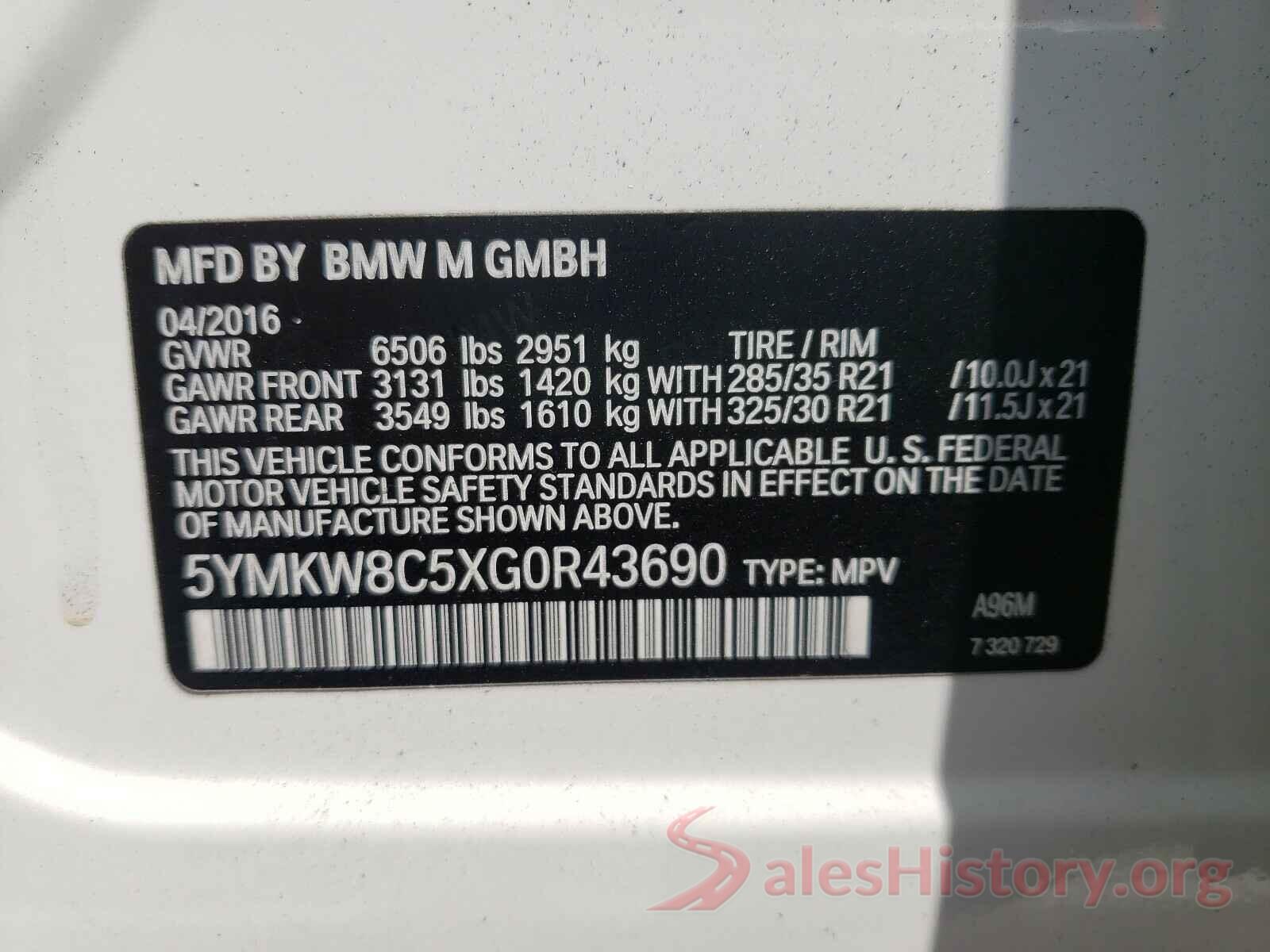 5YMKW8C5XG0R43690 2016 BMW X6