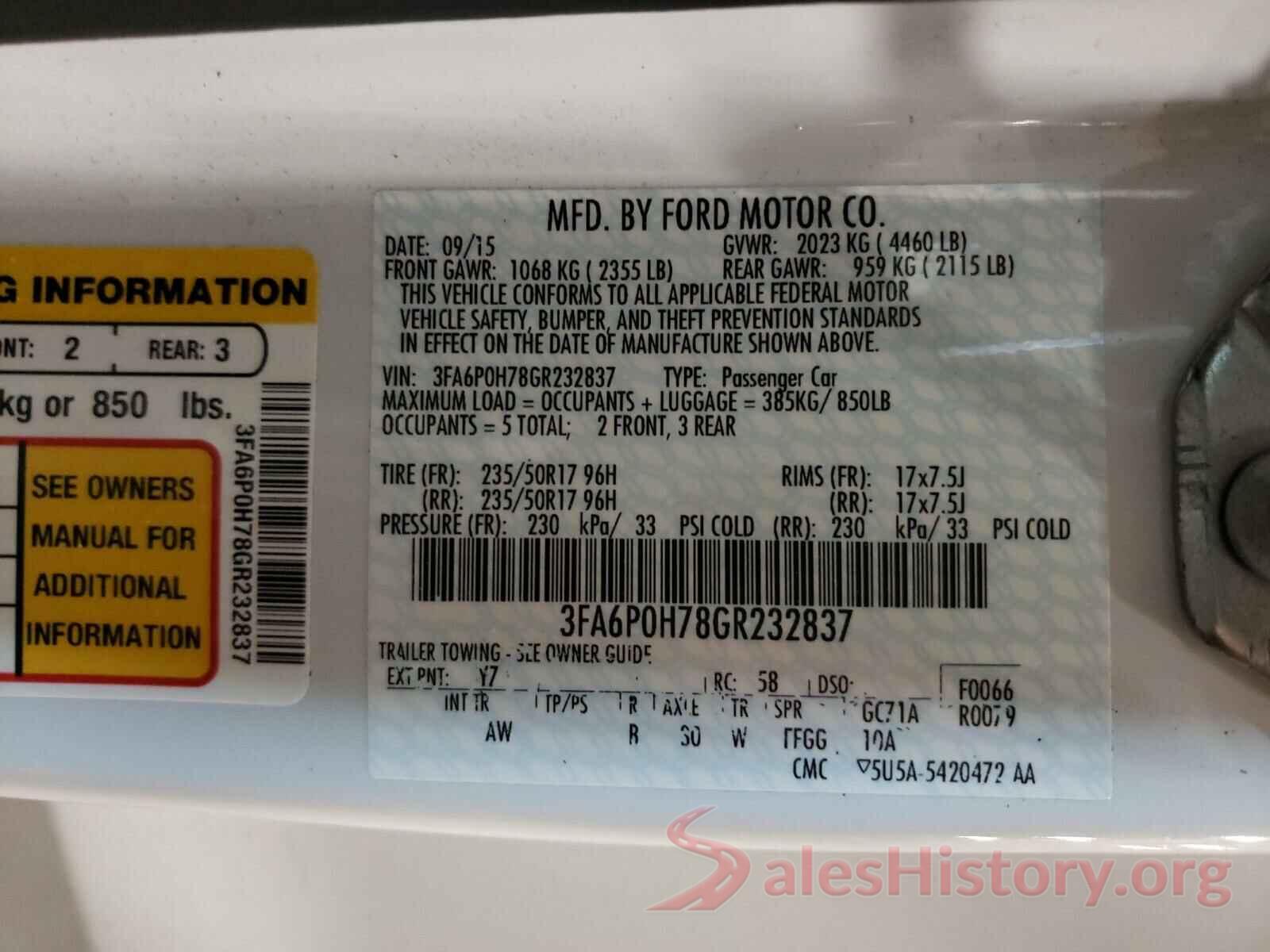 3FA6P0H78GR232837 2016 FORD FUSION