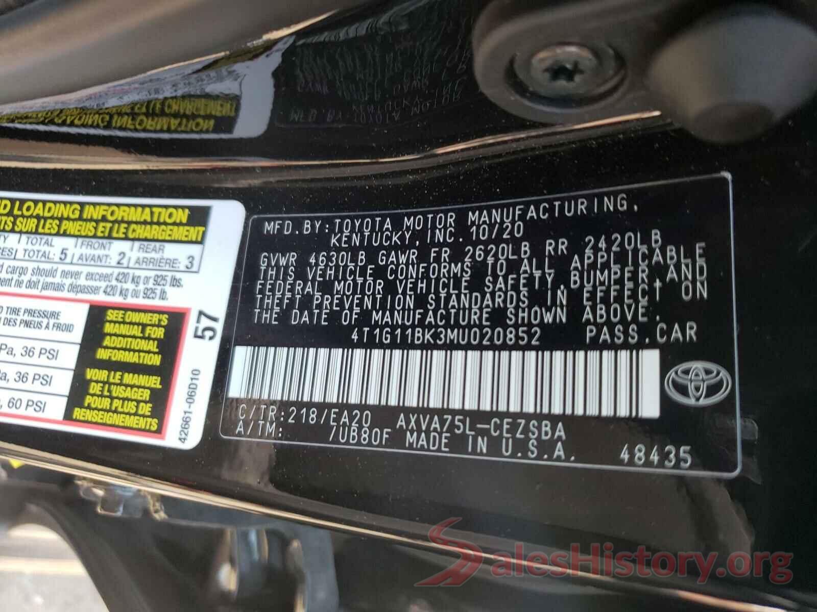 4T1G11BK3MU020852 2021 TOYOTA CAMRY