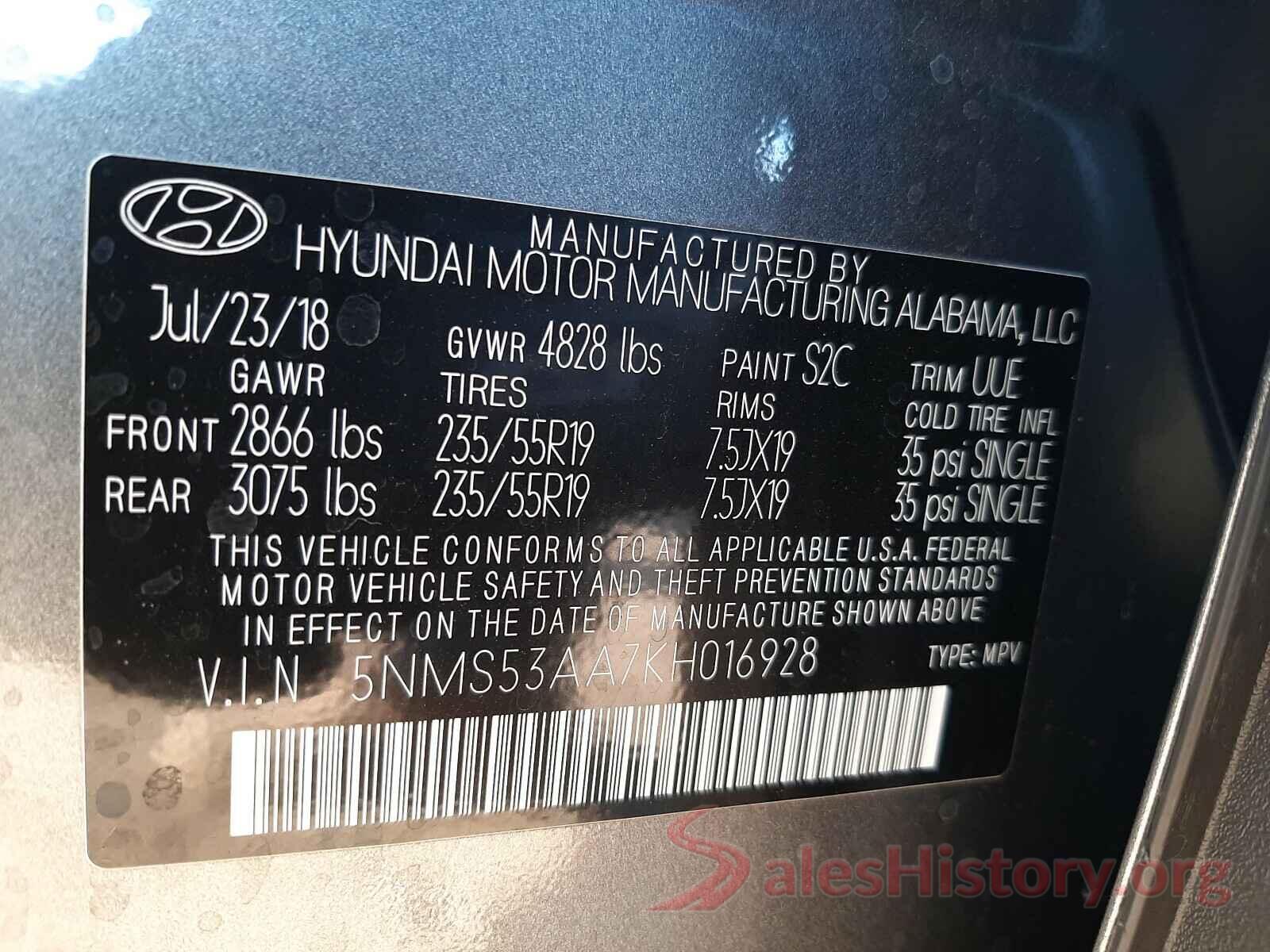 5NMS53AA7KH016928 2019 HYUNDAI SANTA FE