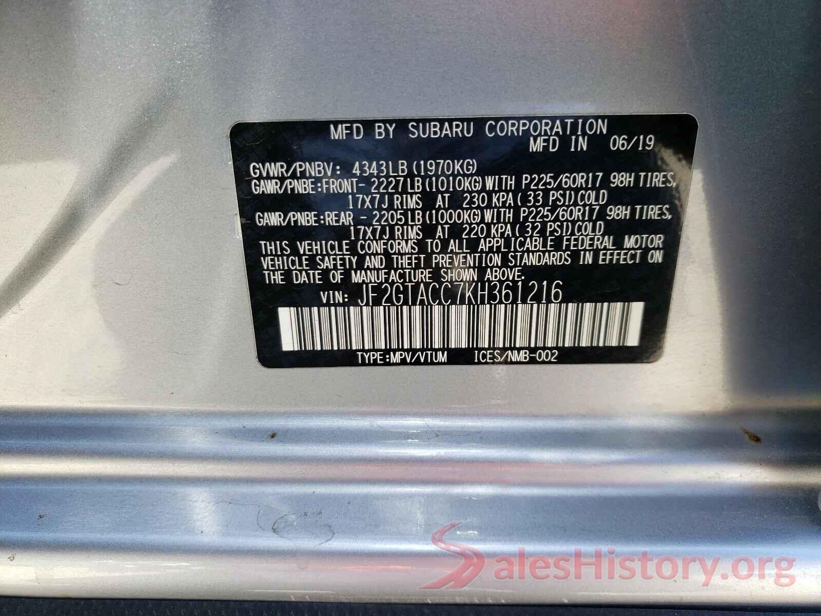 JF2GTACC7KH361216 2019 SUBARU CROSSTREK