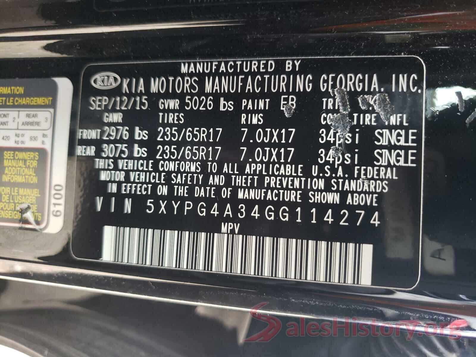 5XYPG4A34GG114274 2016 KIA SORENTO