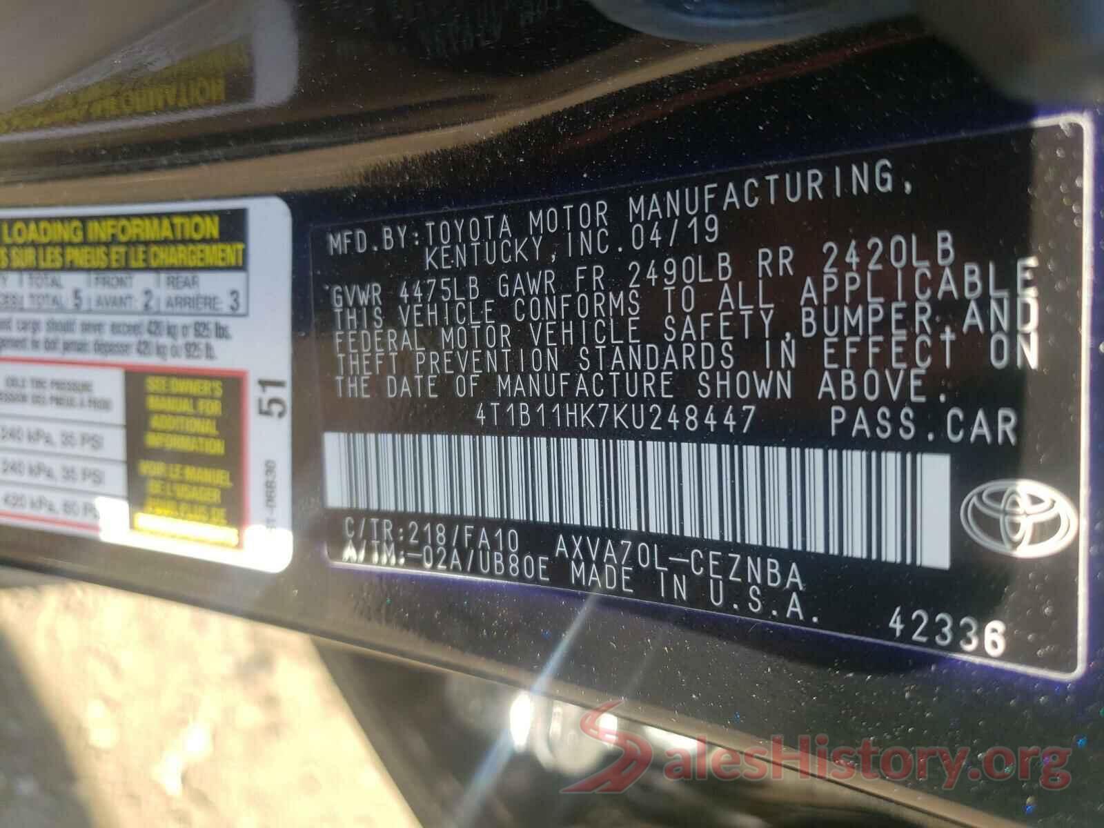 4T1B11HK7KU248447 2019 TOYOTA CAMRY