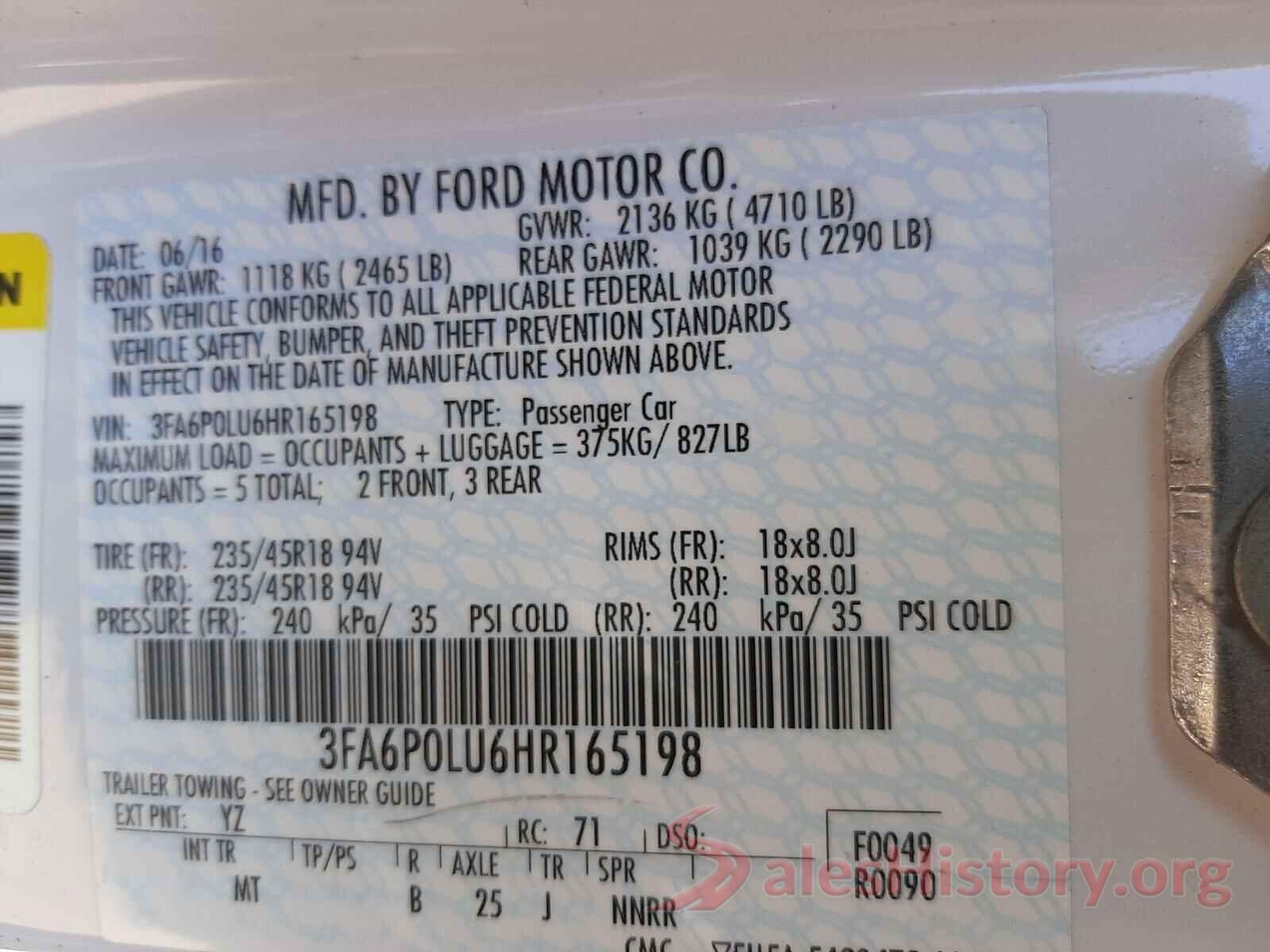 3FA6P0LU6HR165198 2017 FORD FUSION