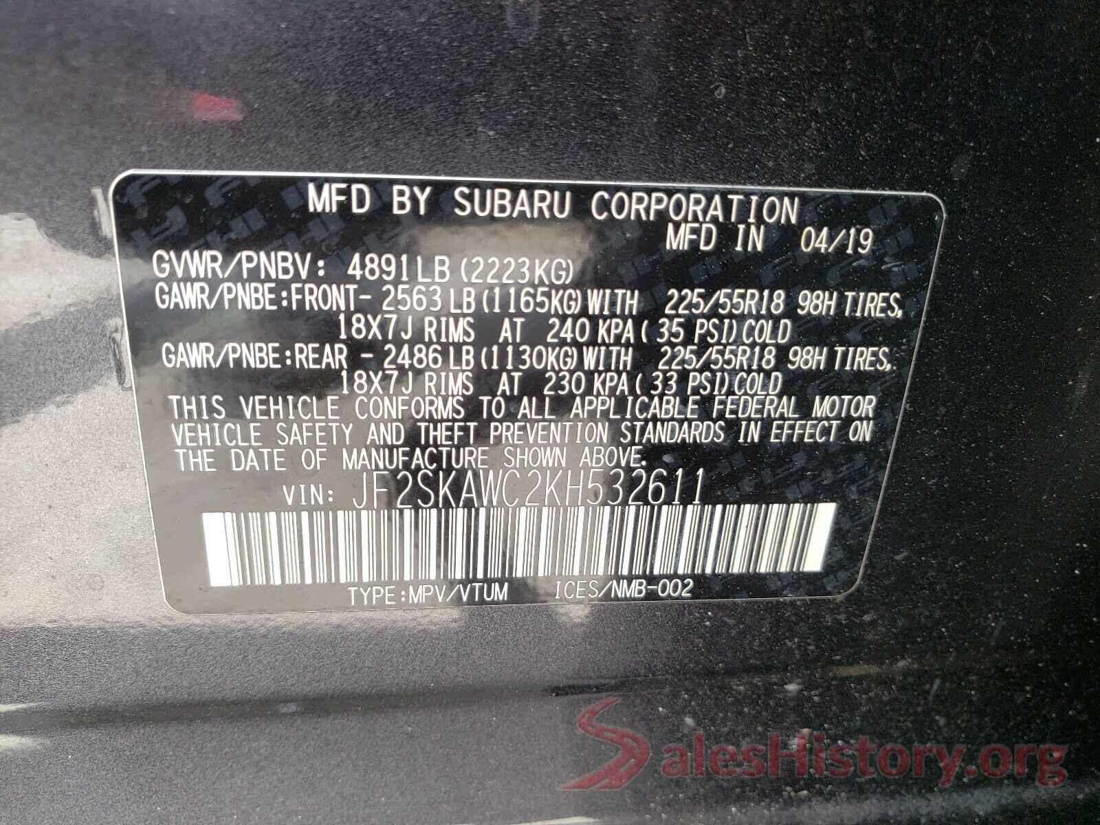 JF2SKAWC2KH532611 2019 SUBARU FORESTER