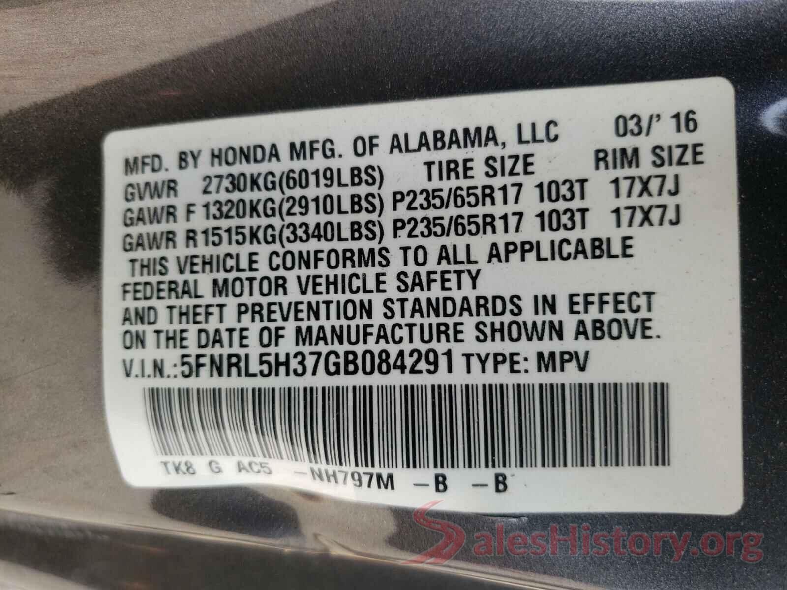 5FNRL5H37GB084291 2016 HONDA ODYSSEY