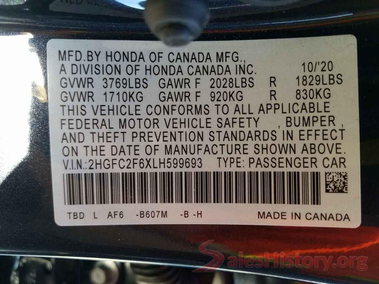 2HGFC2F6XLH599693 2020 HONDA CIVIC