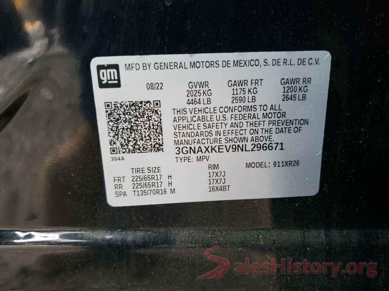 3GNAXKEV9NL296671 2022 CHEVROLET EQUINOX