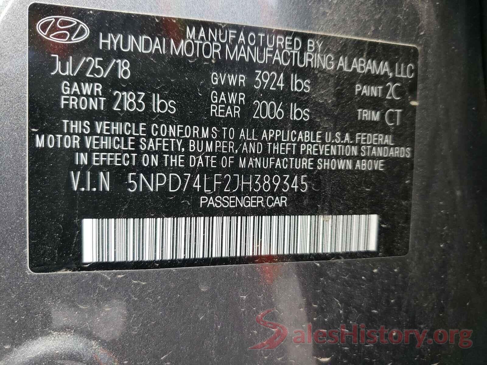 5NPD74LF2JH389345 2018 HYUNDAI ELANTRA