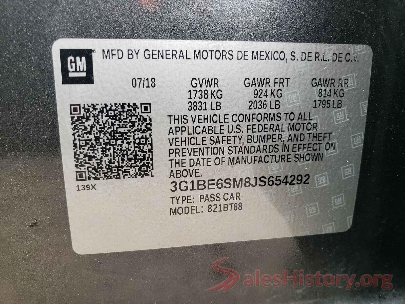 3G1BE6SM8JS654292 2018 CHEVROLET CRUZE