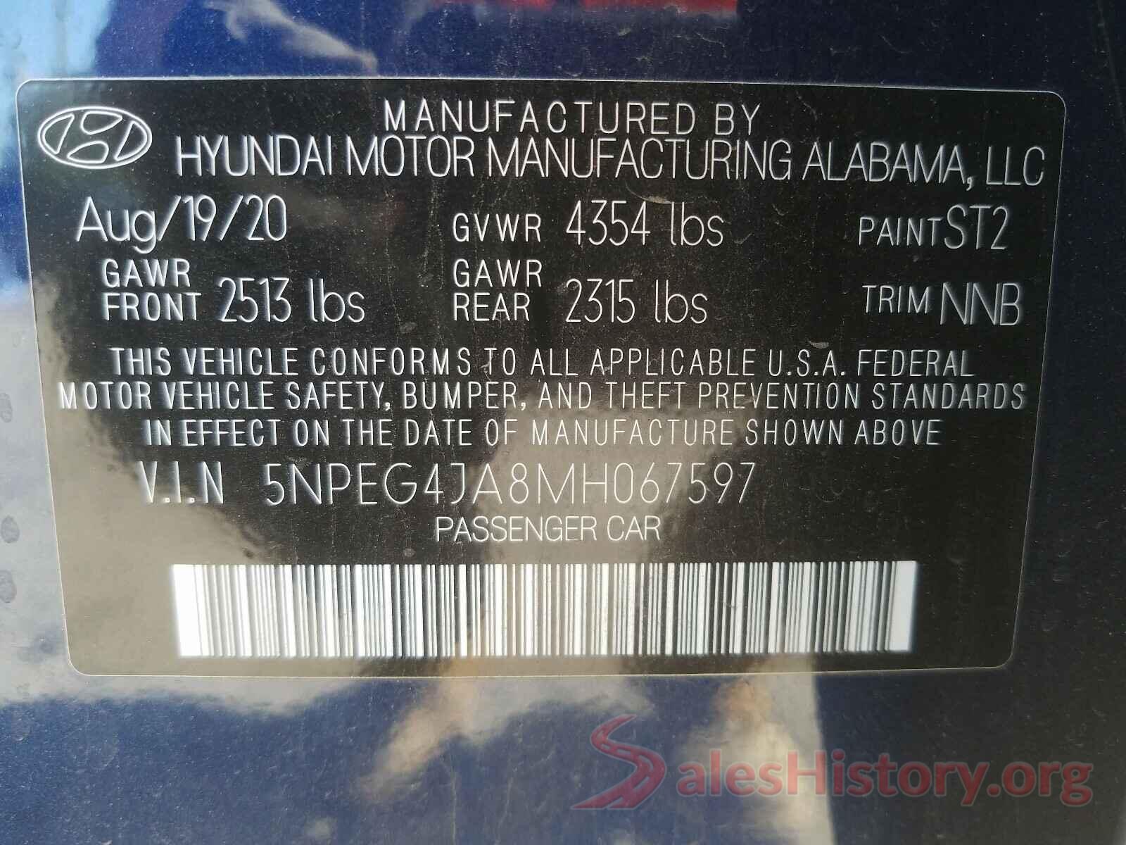 5NPEG4JA8MH067597 2021 HYUNDAI SONATA