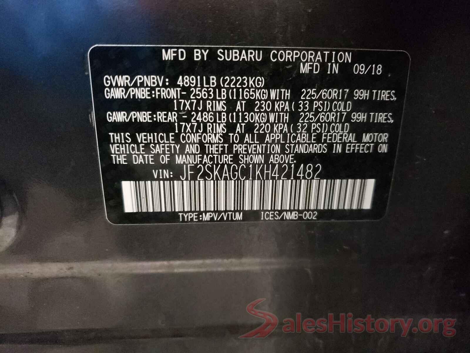 JF2SKAGC1KH421482 2019 SUBARU FORESTER