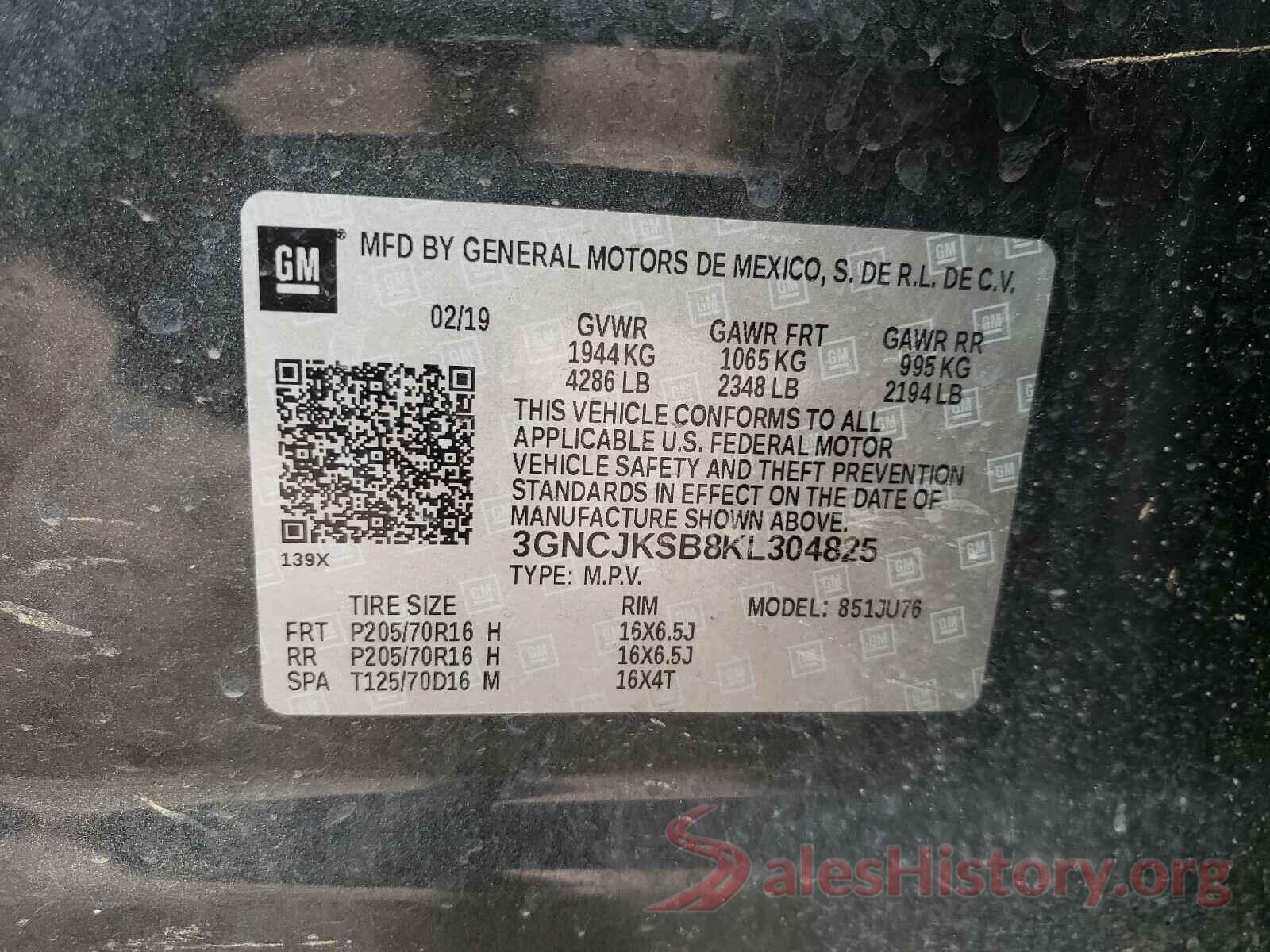 3GNCJKSB8KL304825 2019 CHEVROLET TRAX