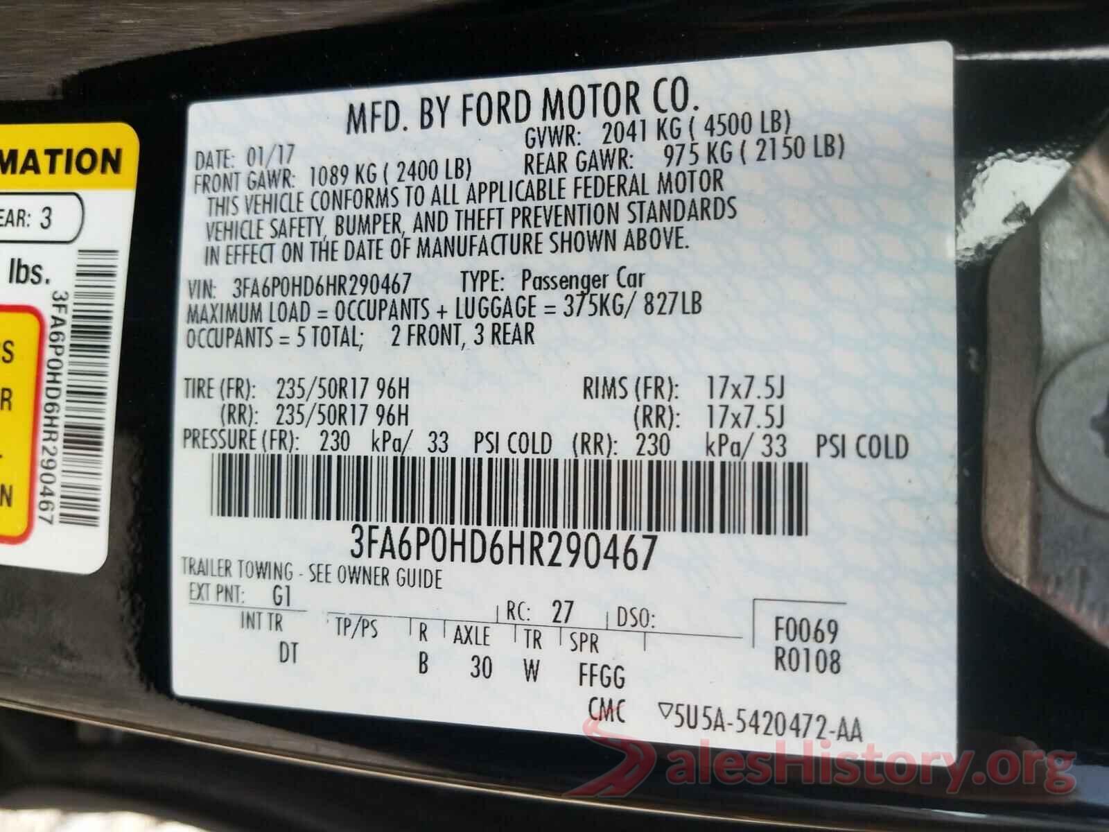 3FA6P0HD6HR290467 2017 FORD FUSION