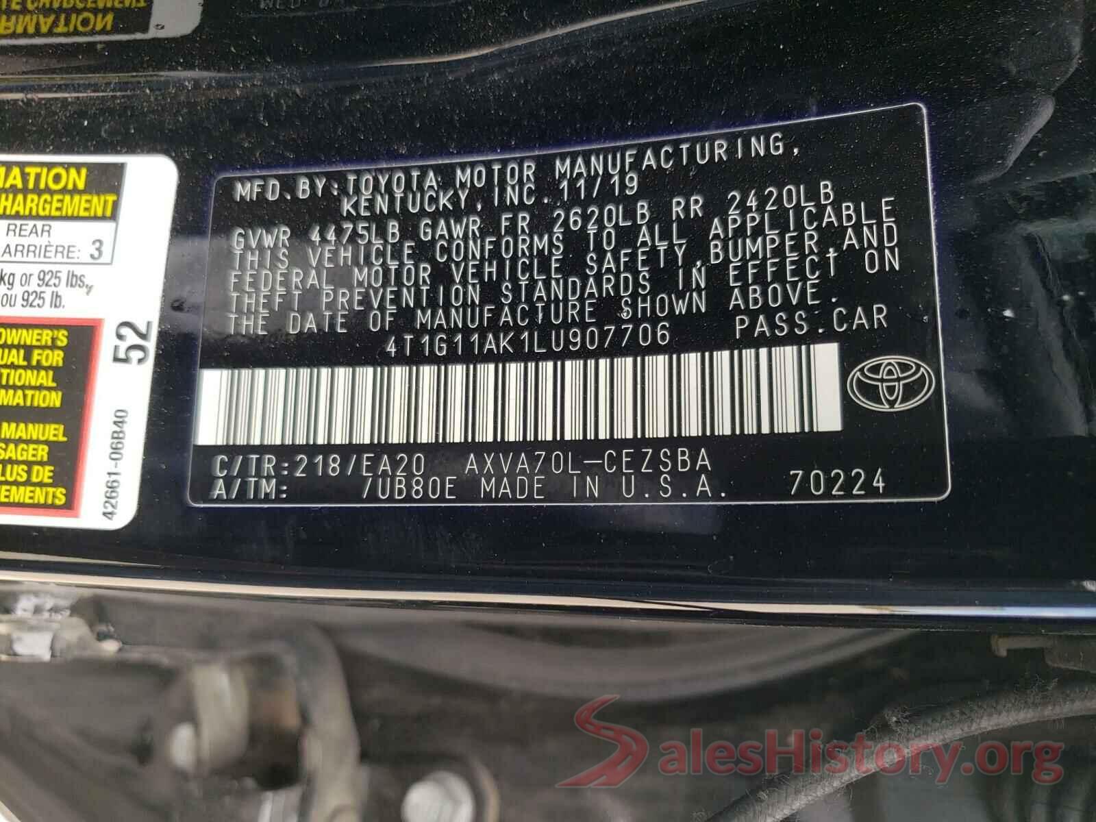 4T1G11AK1LU907706 2020 TOYOTA CAMRY