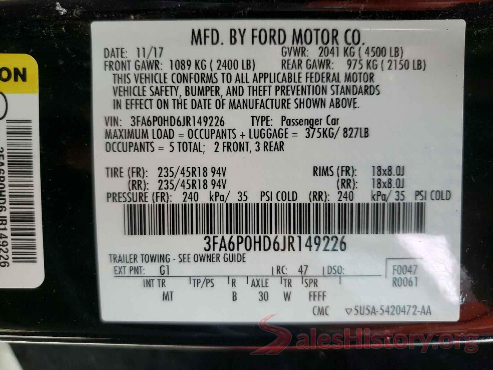 3FA6P0HD6JR149226 2018 FORD FUSION