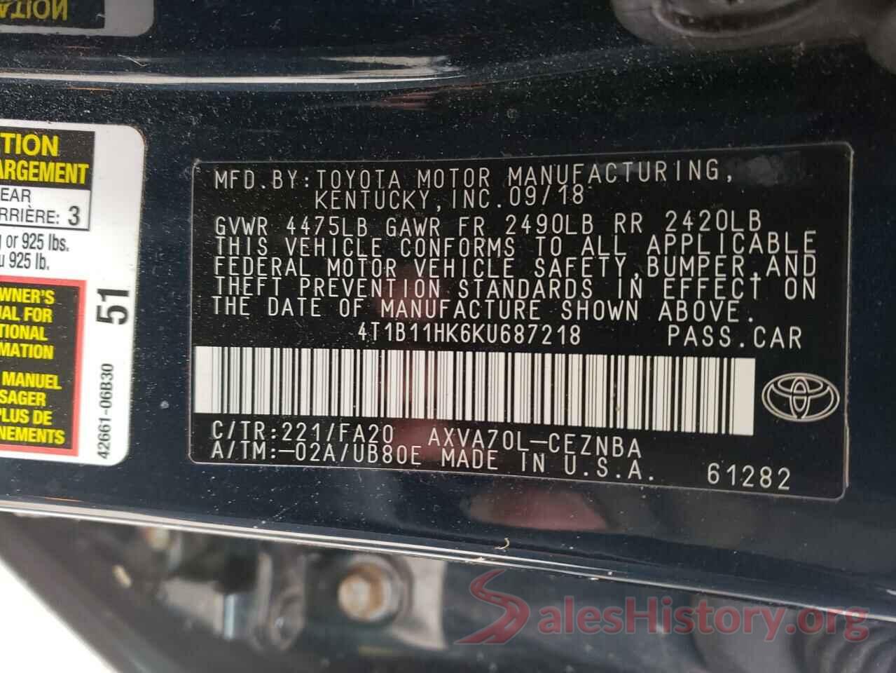 4T1B11HK6KU687218 2019 TOYOTA CAMRY