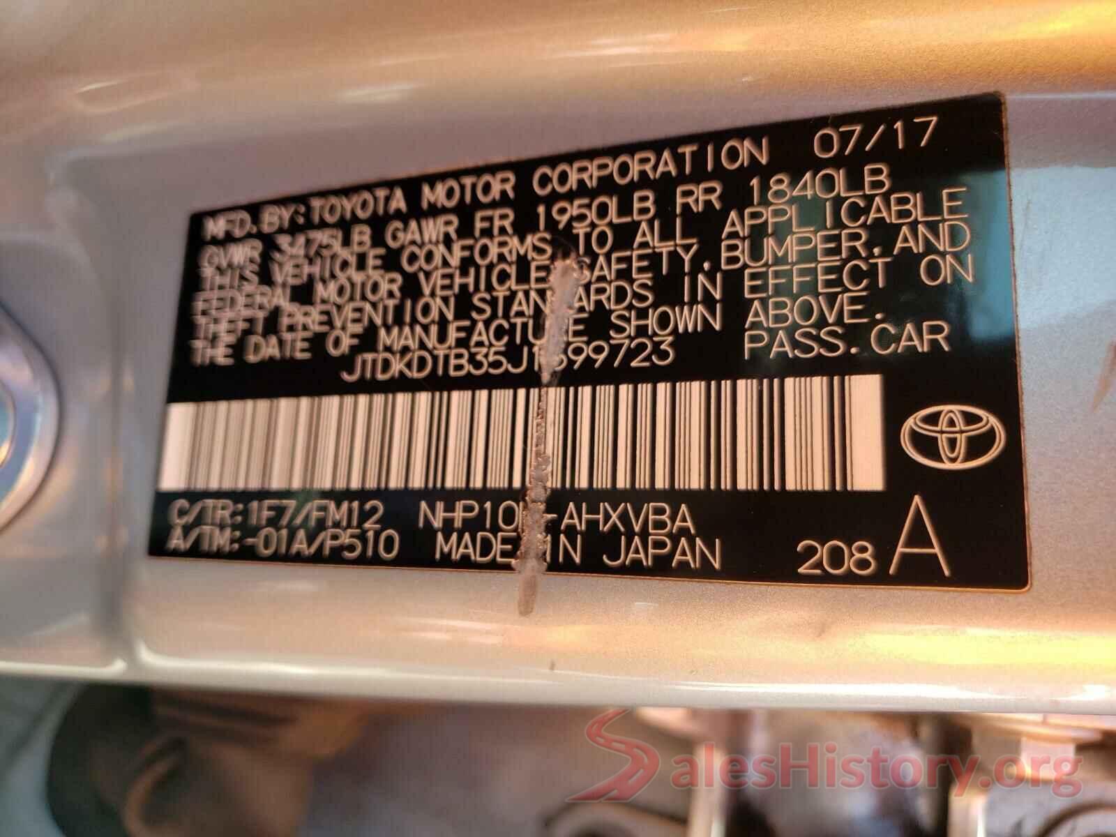 JTDKDTB35J1599723 2018 TOYOTA PRIUS