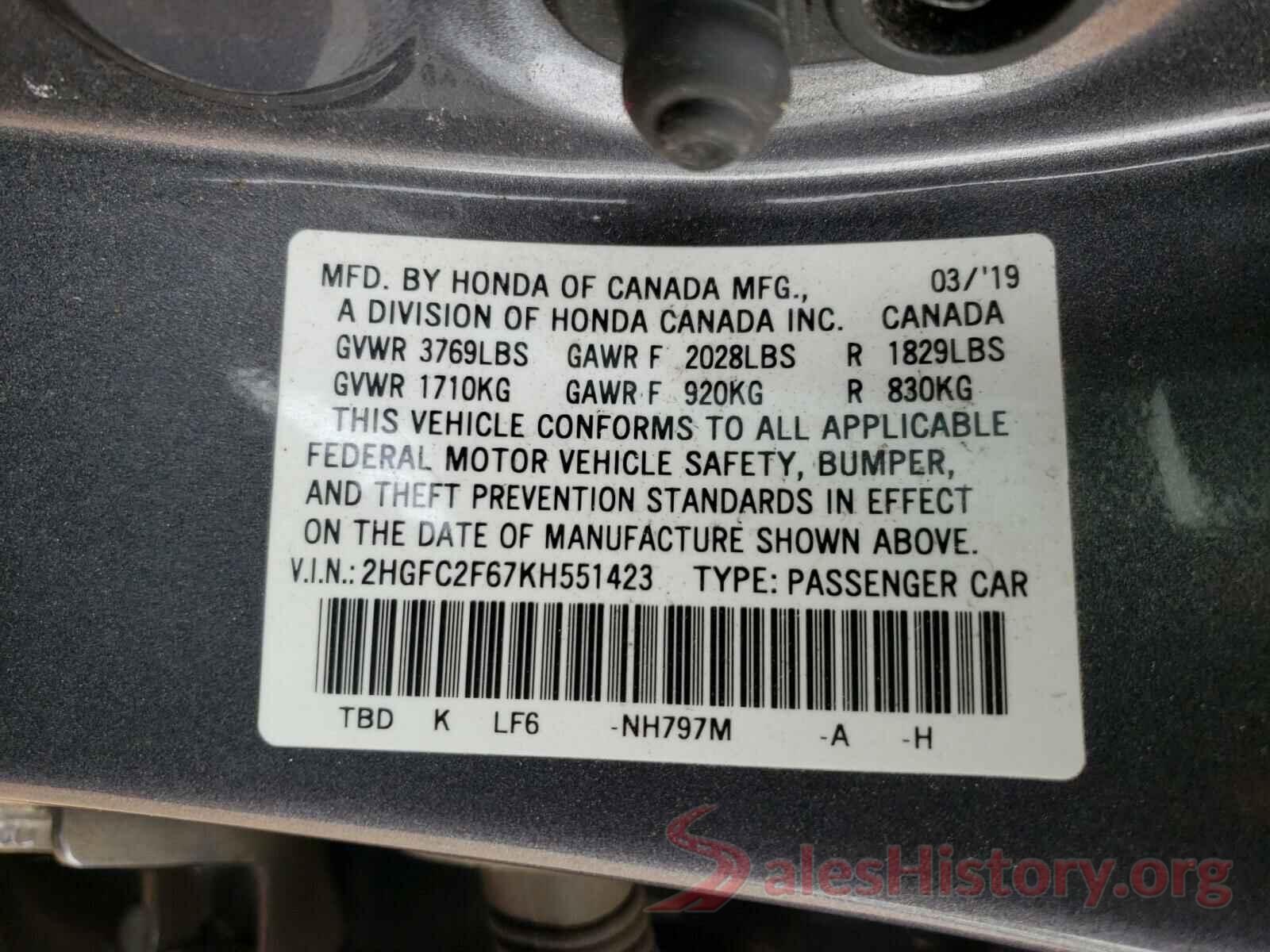 2HGFC2F67KH551423 2019 HONDA CIVIC