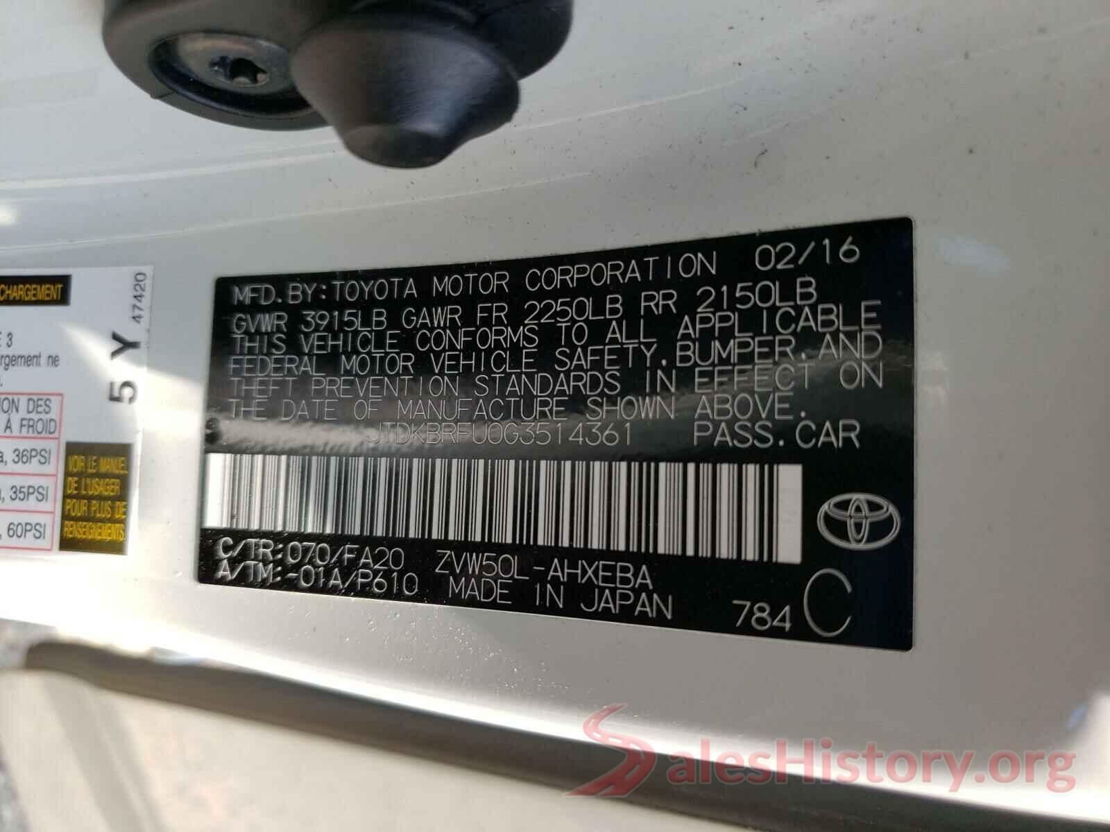 JTDKBRFU0G3514361 2016 TOYOTA PRIUS