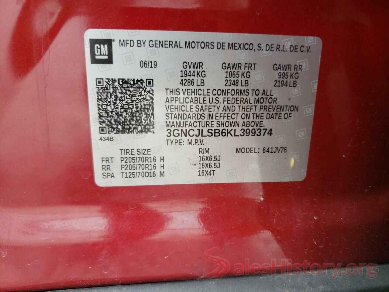 3GNCJLSB6KL399374 2019 CHEVROLET TRAX