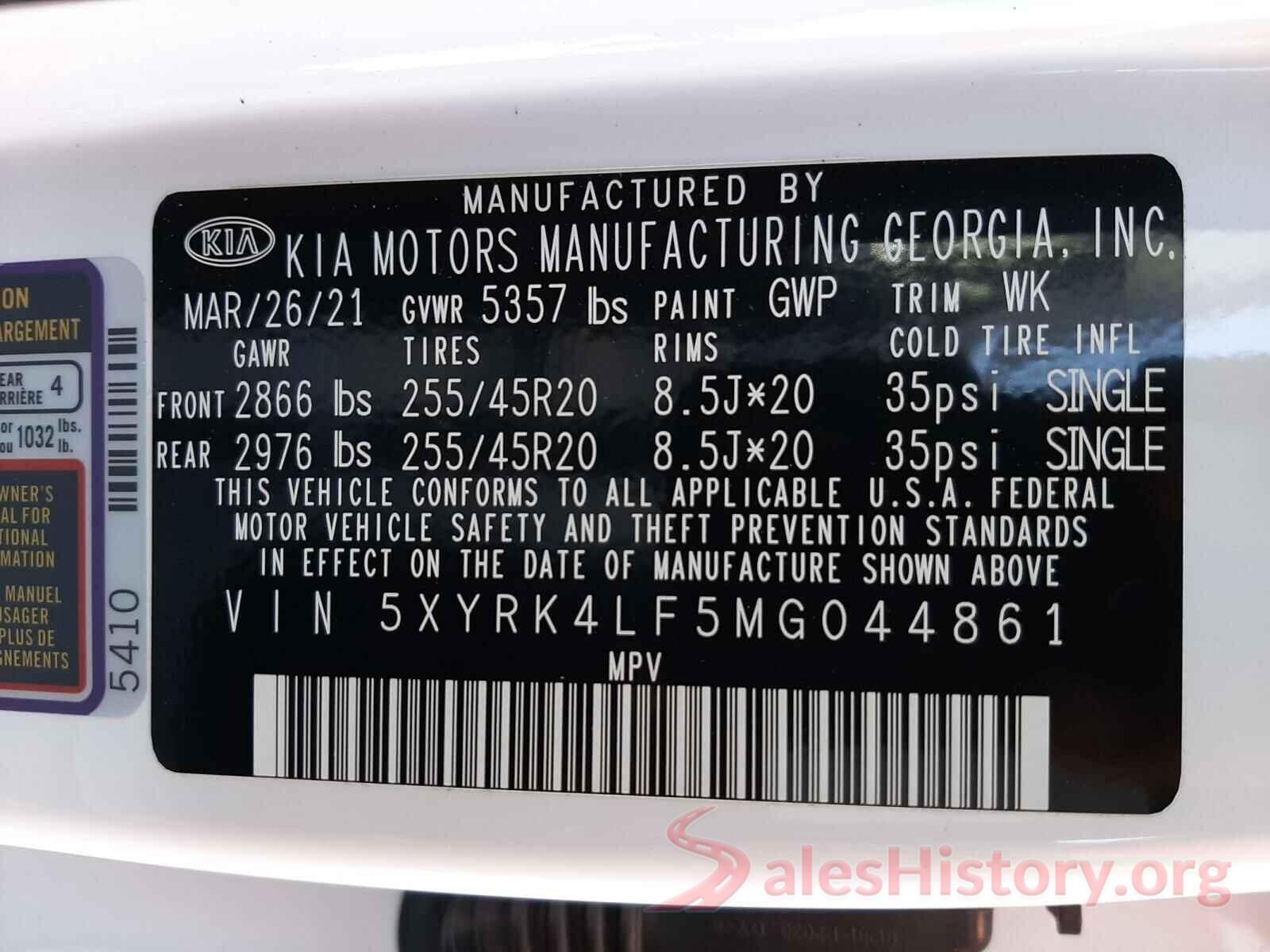 5XYRK4LF5MG044861 2021 KIA SORENTO