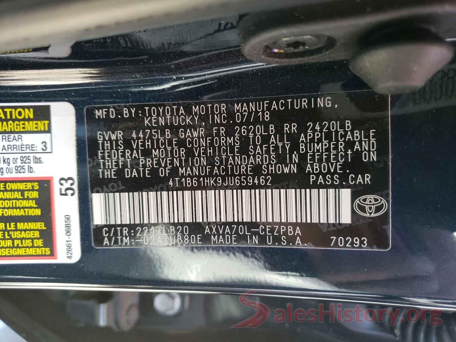 4T1B61HK9JU659462 2018 TOYOTA CAMRY