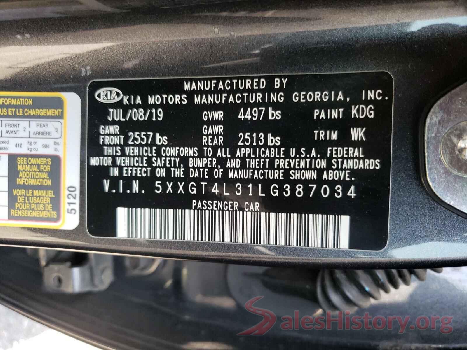 5XXGT4L31LG387034 2020 KIA OPTIMA