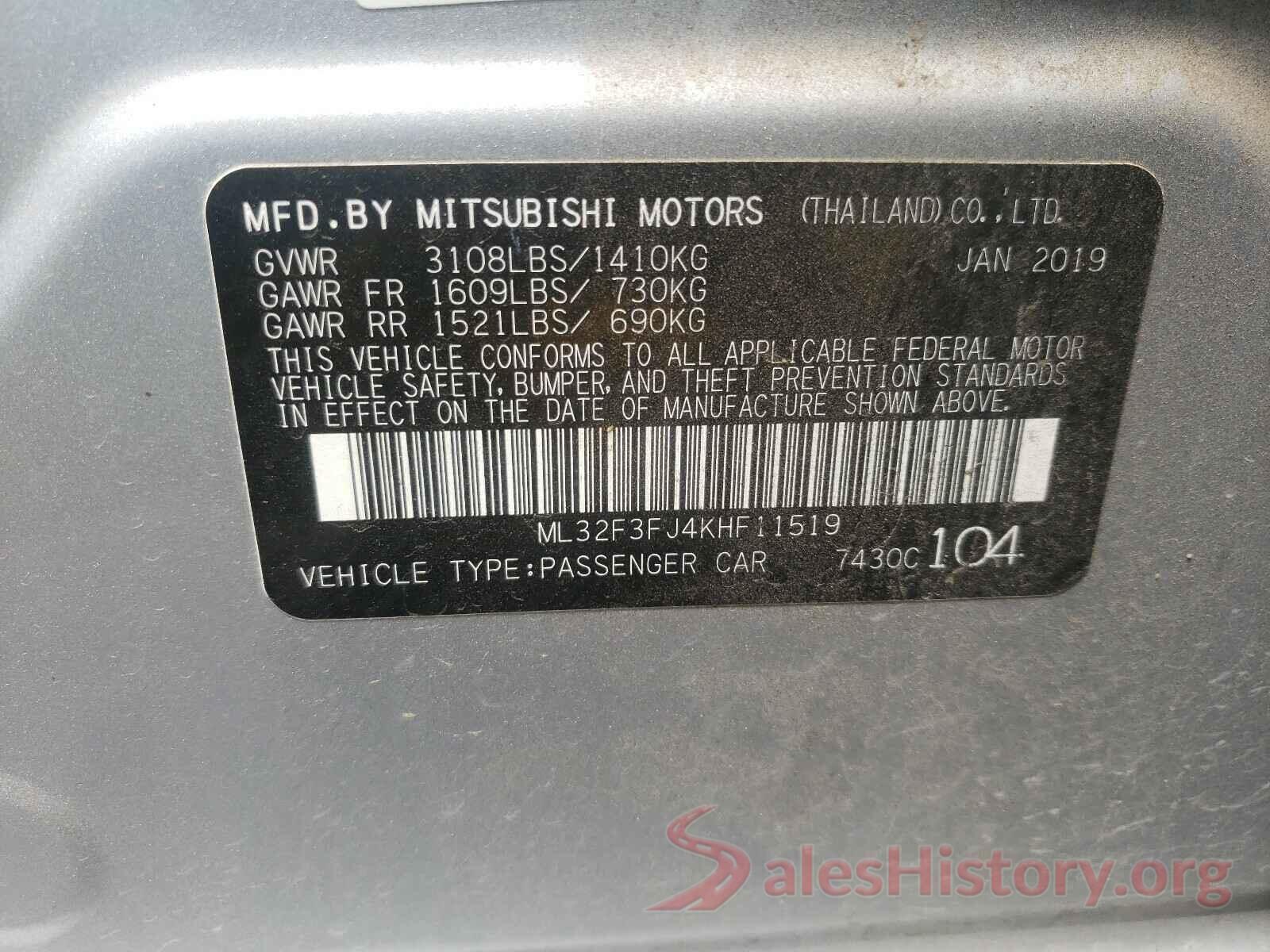 ML32F3FJ4KHF11519 2019 MITSUBISHI MIRAGE