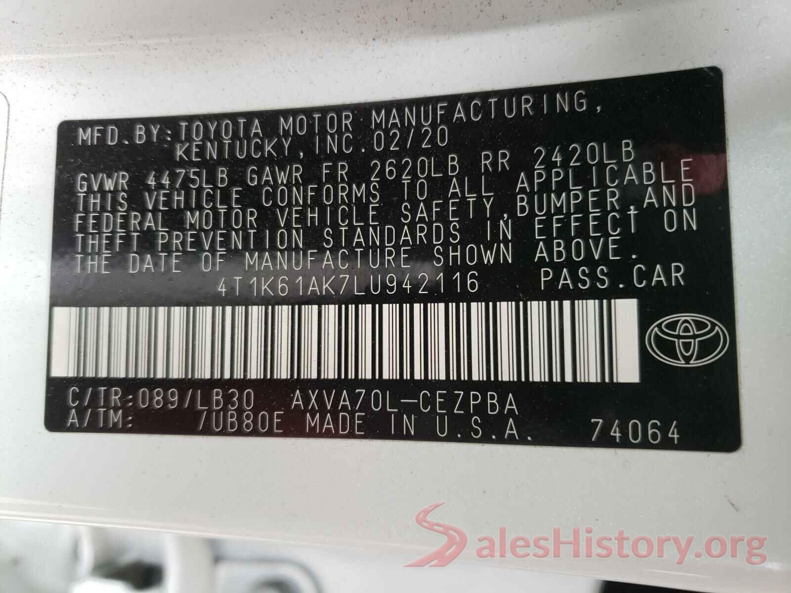 4T1K61AK7LU942116 2020 TOYOTA CAMRY