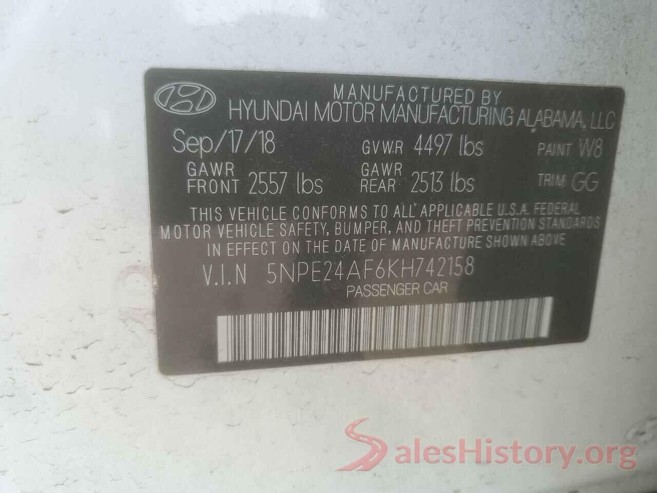 5NPE24AF6KH742158 2019 HYUNDAI SONATA