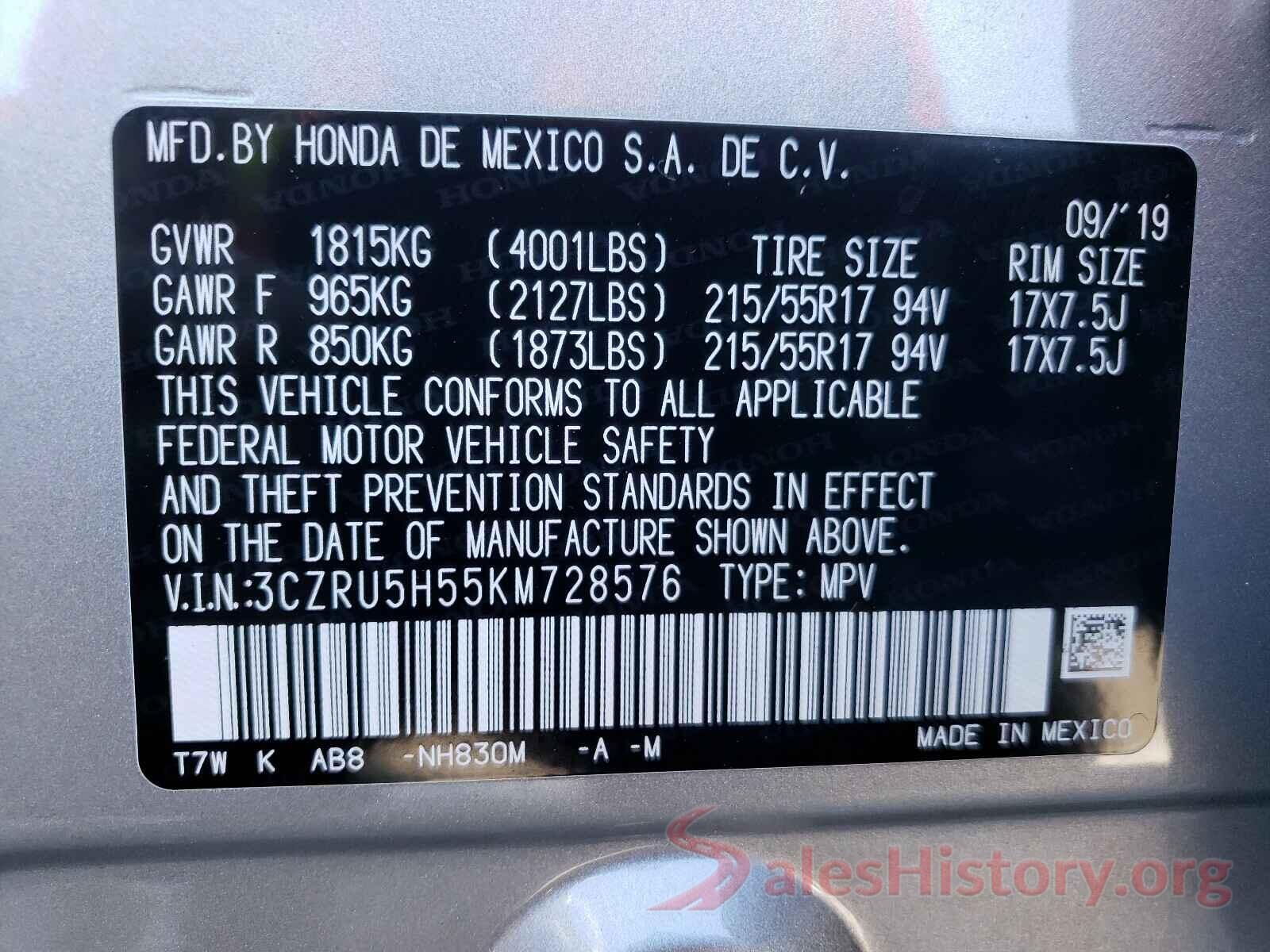 3CZRU5H55KM728576 2019 HONDA HR-V