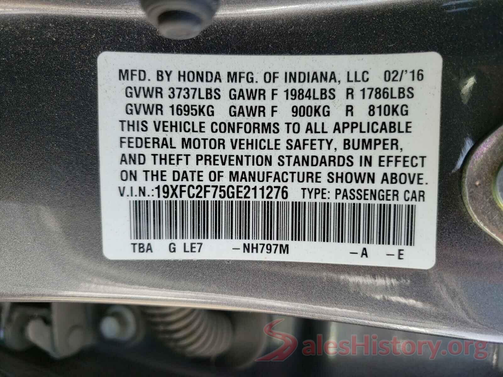 19XFC2F75GE211276 2016 HONDA CIVIC